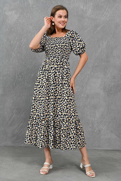 lovebox Černé večerní šaty Midi – bavlna, vzor sedmikrásky a design Gipe, krátký rukáv 039