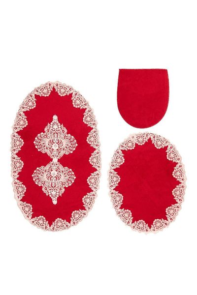 Dekoreko Welsoft Lacy 3-Piece Toilet Set Bathroom Mat Set Ashley Red