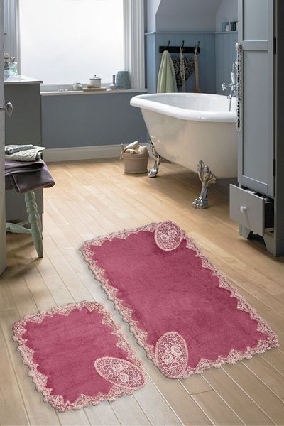 Dekoreko Welsoft Appliqued Cotton Lacy 3-Piece Toilet Seat Set Bathroom Mat Set Rona Fuchsia