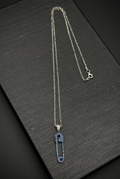 FRNCH 925 Ayar Gümüş Çengelli İğne Model Lacivert Zirkon Taşlı Erkek Kolye FR...