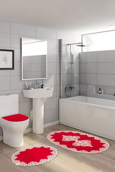 Dekoreko Welsoft Lacy 3-Piece Toilet Set Bathroom Mat Set Ashley Red