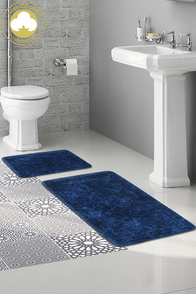 Dekoreko Cotton 2-Piece Toilet Set Bathroom Mat Set Beulah Navy Blue