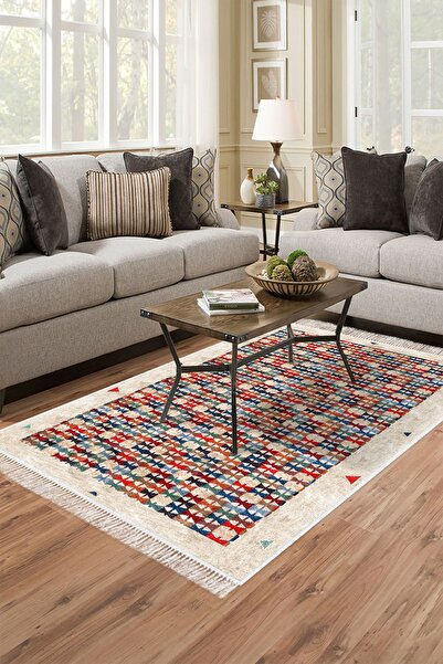 EXCLUSIVE Saray Dijital Salon Halısı Kaymaz Taban Saçaklı Faye Modern Çok Renkli