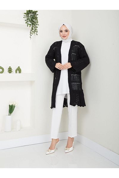 MODAMERSİ Black Openwork Cotton Knitwear - Hijab Long Women's Cardigan