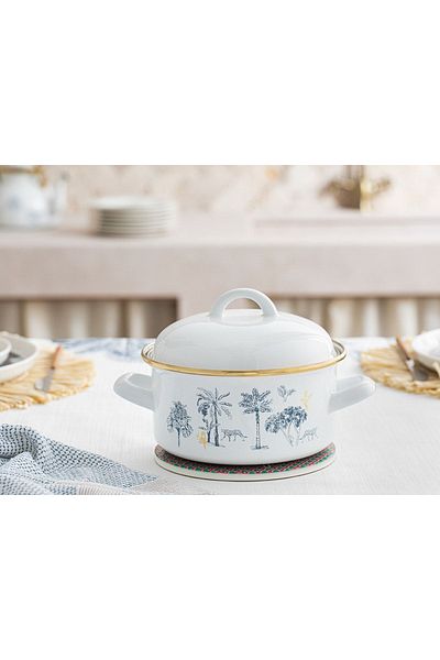 English Home Toile Botanical Enamel Pot 16 Cm Dark Blue-white
