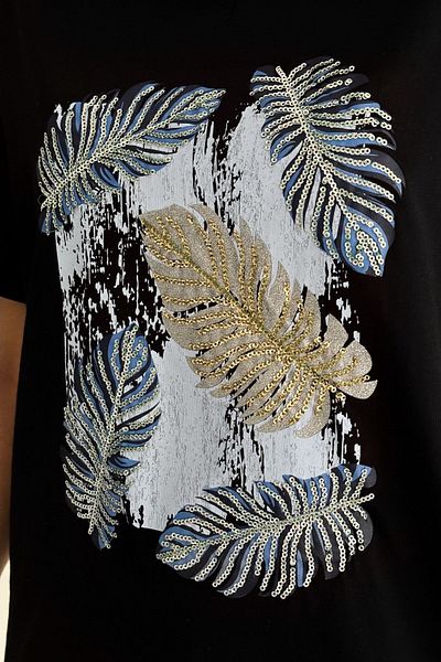 FEMELLE Tricou negru cu paiete și paiete cu decolteu în V - 100% bumbac