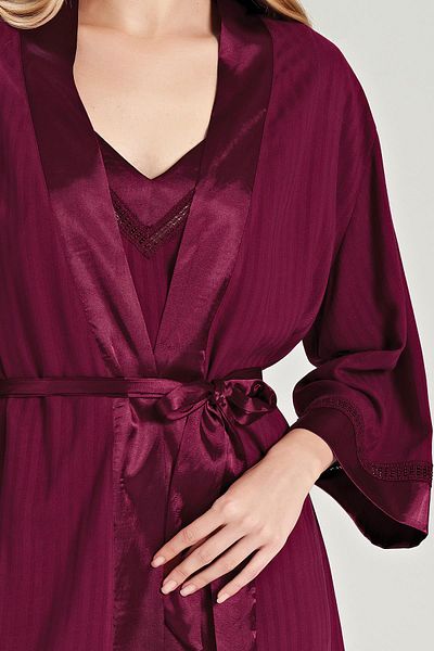 Feyza Claret Red Striped Women's Pajama Set - 3-Piece Woven C7T3N0O5
