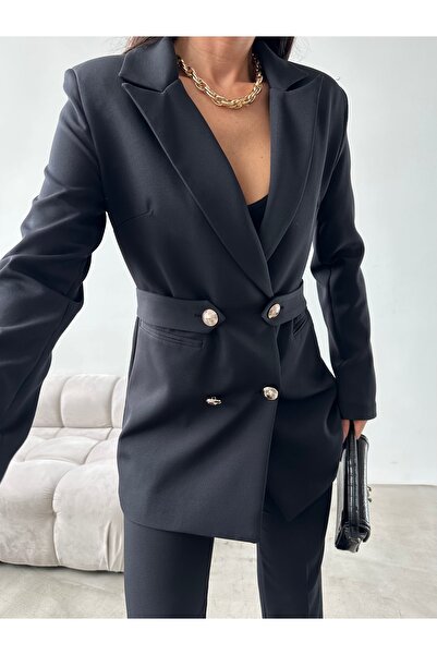 Female Clothing Flexible and Wide Leg - Black Blazer Jacket and Trousers Set