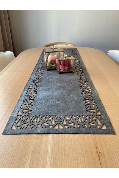 Ergüven Home Dark Gray Suede Fabric Runner 40X140 cm Table Length - Geometric Triangle Pattern