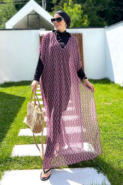 Remsa Mayo Fuchsia Patterned Hijab Pareo - 430-306 Model Single Kaftan
