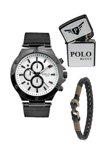 POLO Rucci 4593 Hasırlı Erkek Takım Kol Saati Çakmak Ve Bileklik Hediyeli