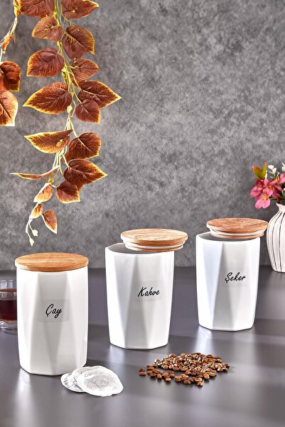 İLİVA White Tea/Coffee/Candy/Salt Jar Set of 3 - Vacuum and Wooden Lid, Prism Storage Container
