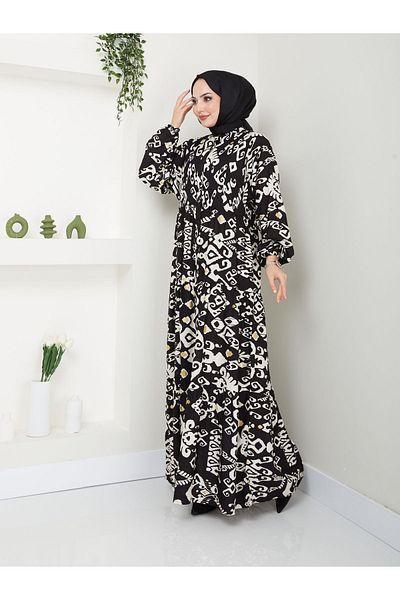 MODAMERSİ Black Stone Patterned Viscose Women's Dress