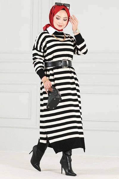 Afili Women's Side Slit Striped Long Knitwear Hijab Tunik