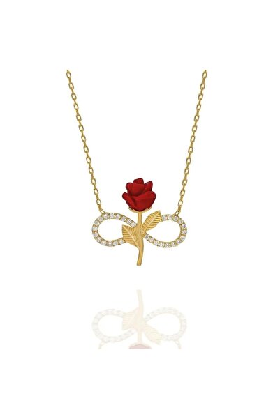 KAR DİAMOND 14 Ayar Altın Kırmızı Gül Sonsuzluk Kolye - Sertifikalı Özel Kutulu