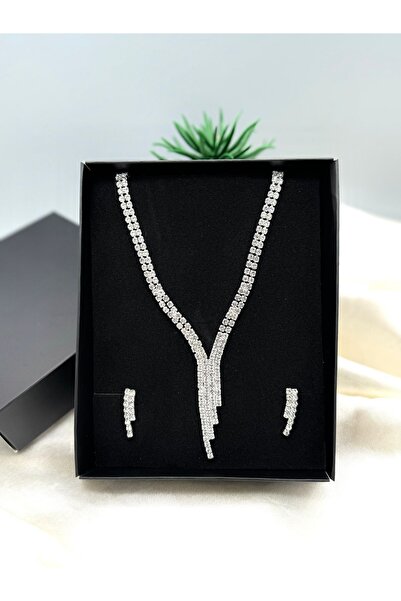 mozuva Kadın Abiye Su Yolu Çift Sıra Taşlı Silver Renk Kolye Küpe Set