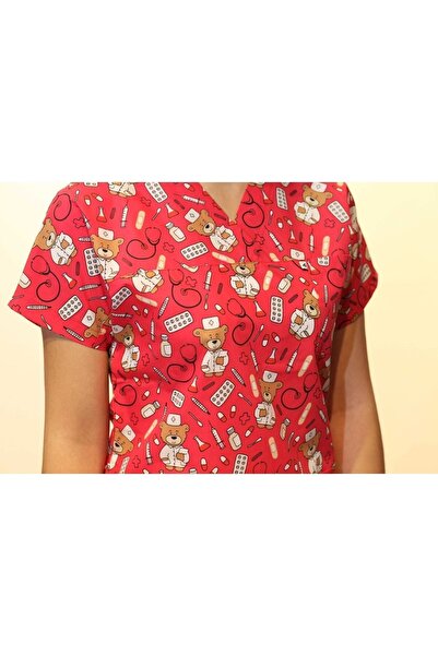 DENİZ İŞ Teddy Bear Patterned Bat Sleeve Nurse Doctor Single Top