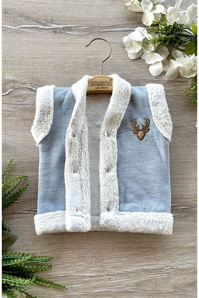 PATSAN Wellsoft Winter Baby Vest with Plush Inside and Deer Embroidery Blue