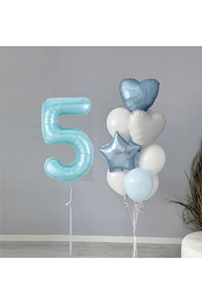 ATAKENT PARTİ مجموعة بالونات عيد ميلاد ريترو باللون الأزرق لعمر 5 سنوات