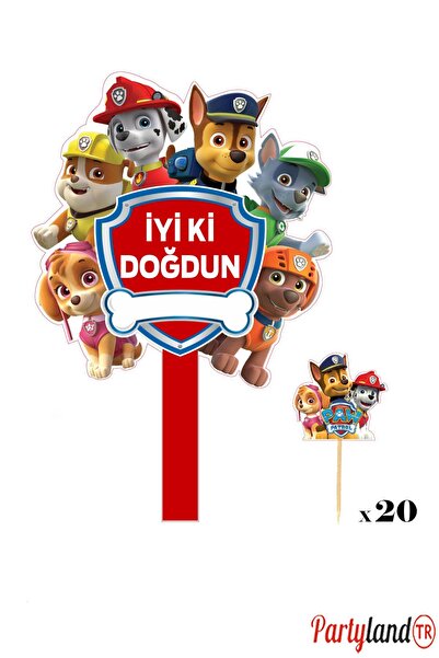 PartylandTR Paw Patrol Temalı Karton Pasta Süsü + 20 Adet Lux Sunum Kürdanı