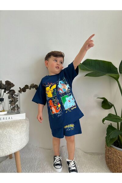 Generic Brand Summer Boy Navy Blue Pokemon Shorts Set