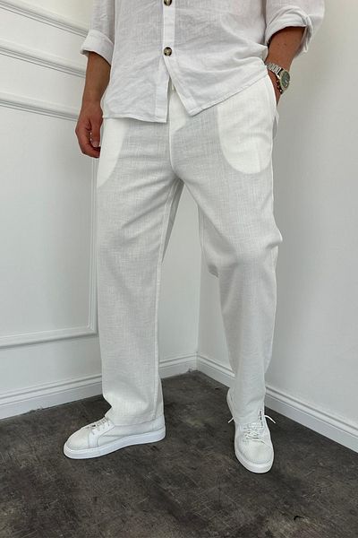 MADZEYMODA White Linen Trousers - Men's Baggy Loose Fit, Elastic Waist