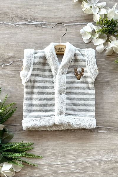 PATSAN Cotton Wellsoft Baby Vest with Plush Inside and Deer Embroidery Stripes