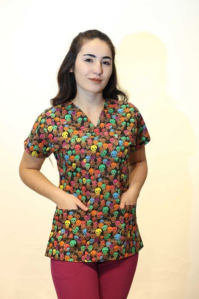 DENİZ İŞ قميص تمريض جيرسيه طبيبة تمريض واحد علوي منقوش عليه جمجمة