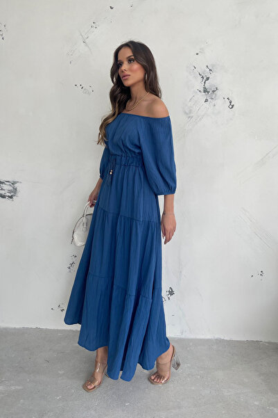 Ortaya Çık Madonna Collar Blue Linen Summer Dress
