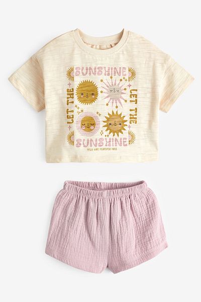 Next Baby 100% Cotton Lilac Purple Sun Patterned Thisrt Muslin Shorts Top and Bottom Set
