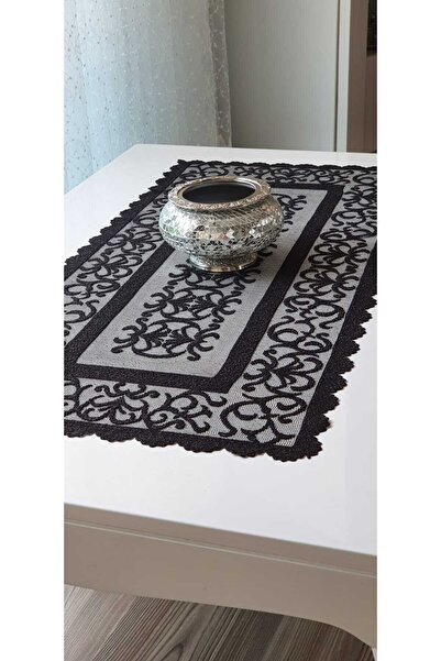 WENESSİ Osmanlı Desen Örme Tül Kısa Runner Örtüsü 40x90 (SİYAH)