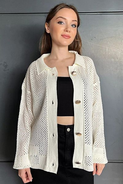 GÜLSELİ Openwork Women's Knitwear Cardigan - Cream Gold, Button Detailed