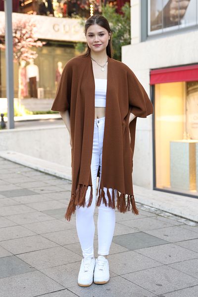 ALCHON V-Neck Short Sleeve Skirt with Tassels Solid Color Side Stitching Midi Length Knitwear Shawl Look Poncho