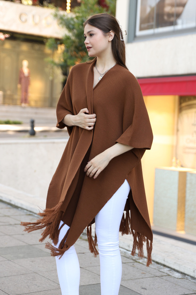 ALCHON Κοντομάνικη φούστα με λαιμόκοψη V με φούντα μονόχρωμη πλαϊνή ραφή πλεκτό σάλι πόντσο