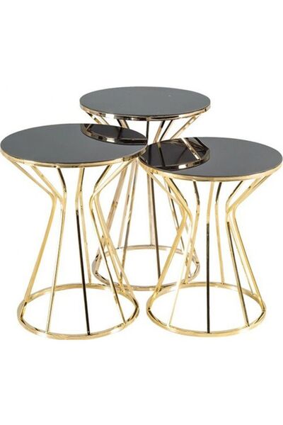 Hitit Dekorasyon Dorothe Gold Metal&Cam 3'lü Kum Sehpa Takımı