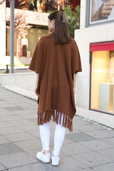 ALCHON V-Neck Short Sleeve Skirt with Tassels Solid Color Side Stitching Midi Length Knitwear Shawl Look Poncho
