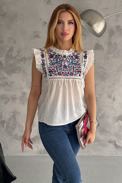 FEMELLE Γυναικεία Μπλούζα Μπλούζα με Γιακά Λευκό Κεντητό Σταντ - Κοντό μανίκι, Βαμβακερό