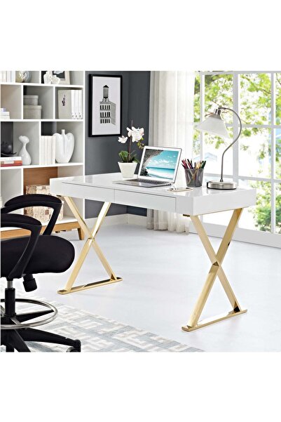 Hitit Dekorasyon Elita Gold Metal Beyaz Çalışma Masası