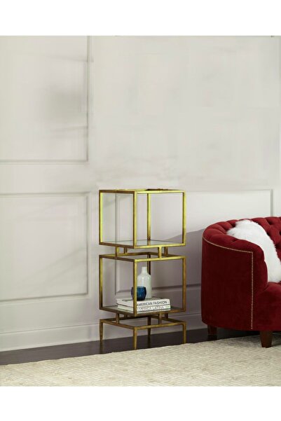 Hitit Dekorasyon Olope Gold Metal 2 Raflı Kitaplık Çiçeklik Gümüşlük Duvar Rafı