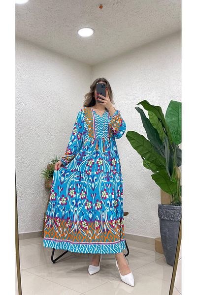 ZF BUTİK V-Neck Patterned Tied Long Dress