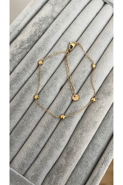 SU PERİSİ TAKI BİJUTERİ Steel Gold Single Row Star Detailed Anklet