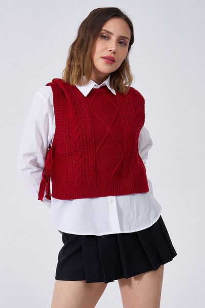 GİYSA Red Knitwear Crop Sweater - Side Tie, Patterned, Short Knit - 4014-355