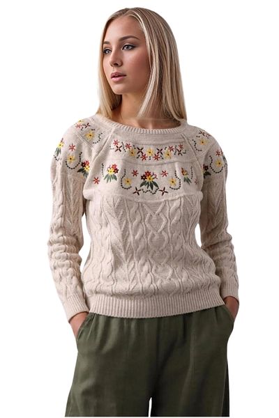 Cassime Pulover de damă cu decolteu rotund cu broderie florală bej