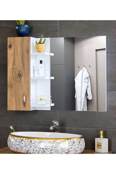 Nurcelant Aynalı Raflı Banyo Dolabı 80 Cm Üst Modül Beyaz-kayın Renk