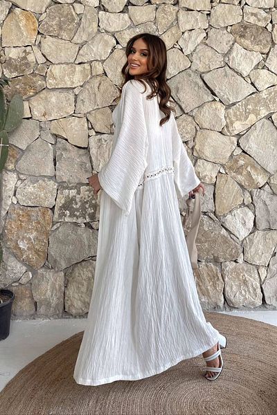 Ortaya Çık Long Seersucker Kimono - White and Waist Design