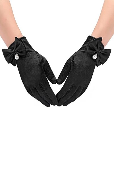 Limelia Mănuși de mireasă din satin negru - Costum cu perle și fundite