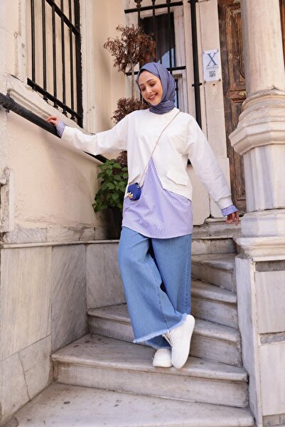 ESRA KEKÜLLÜOĞLU Kadın Mavi Çizgili Cep Detaylı Sweat-Gri