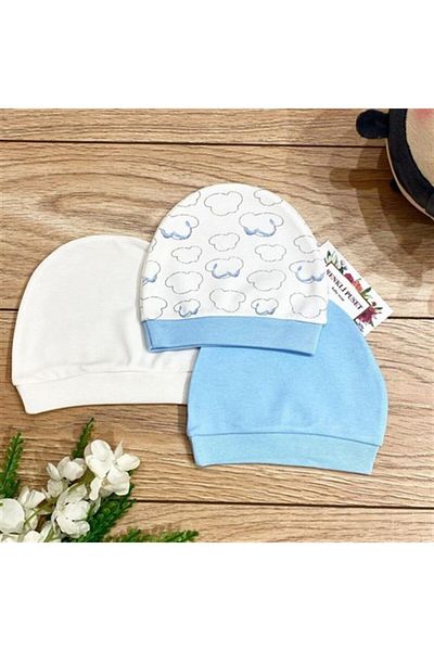 Renkli Puset Organic Cotton 3-Piece Combed Cotton Baby Hat Beanie Set Bulut