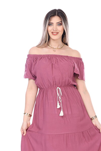 mervemoda Rochie de vară cu mâneci scurte lungi și țesute de culoare uni pent...