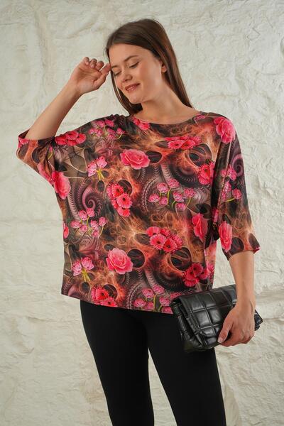 LİVE SPORT Μπλουζάκι με μοτίβο λουλουδιών από βισκόζη σε καφέ χρώμα - μανίκι νυχτερίδας